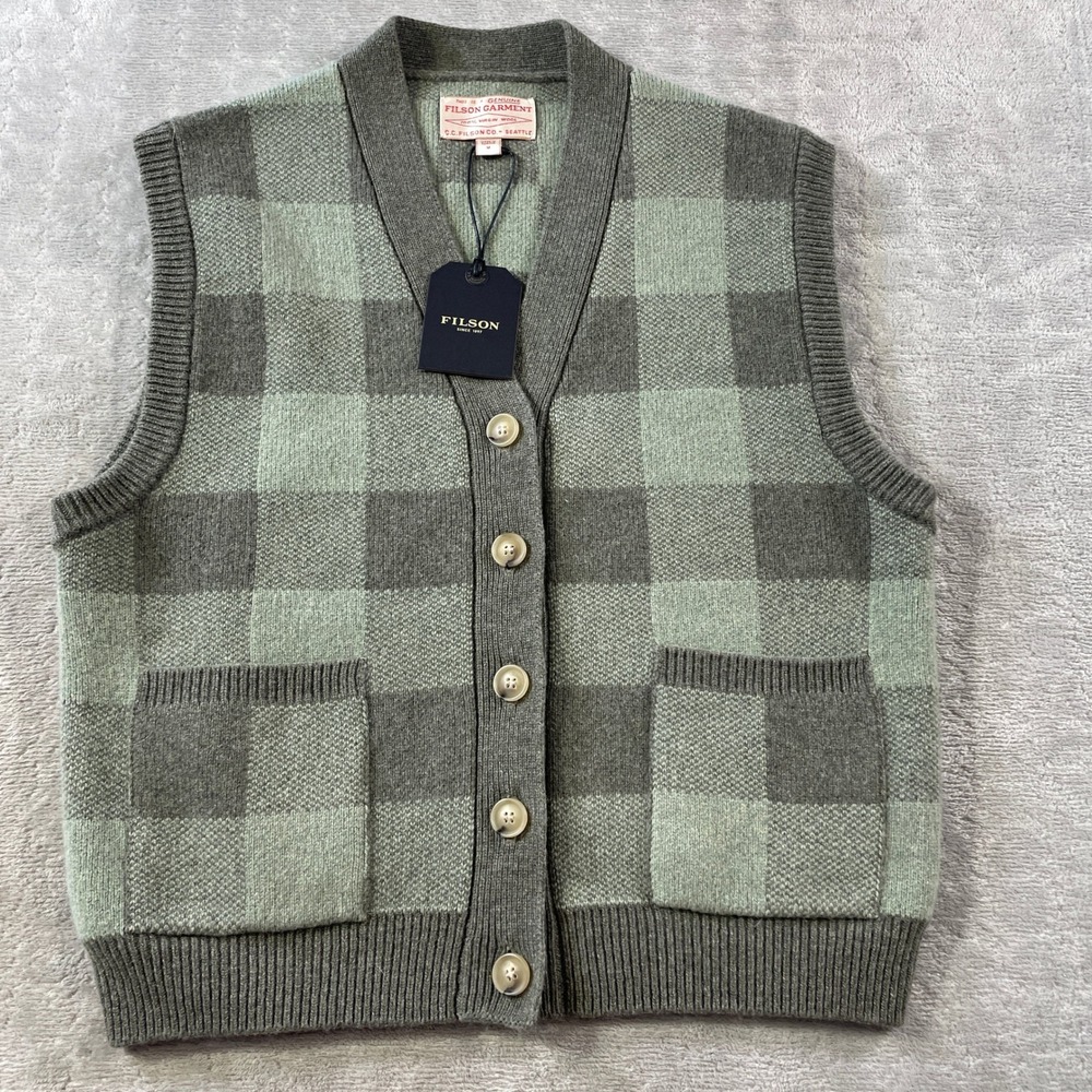 Filson Cardigan Vest Womens Medium Olive Green Check Plaid Virgin Wool Outdoor